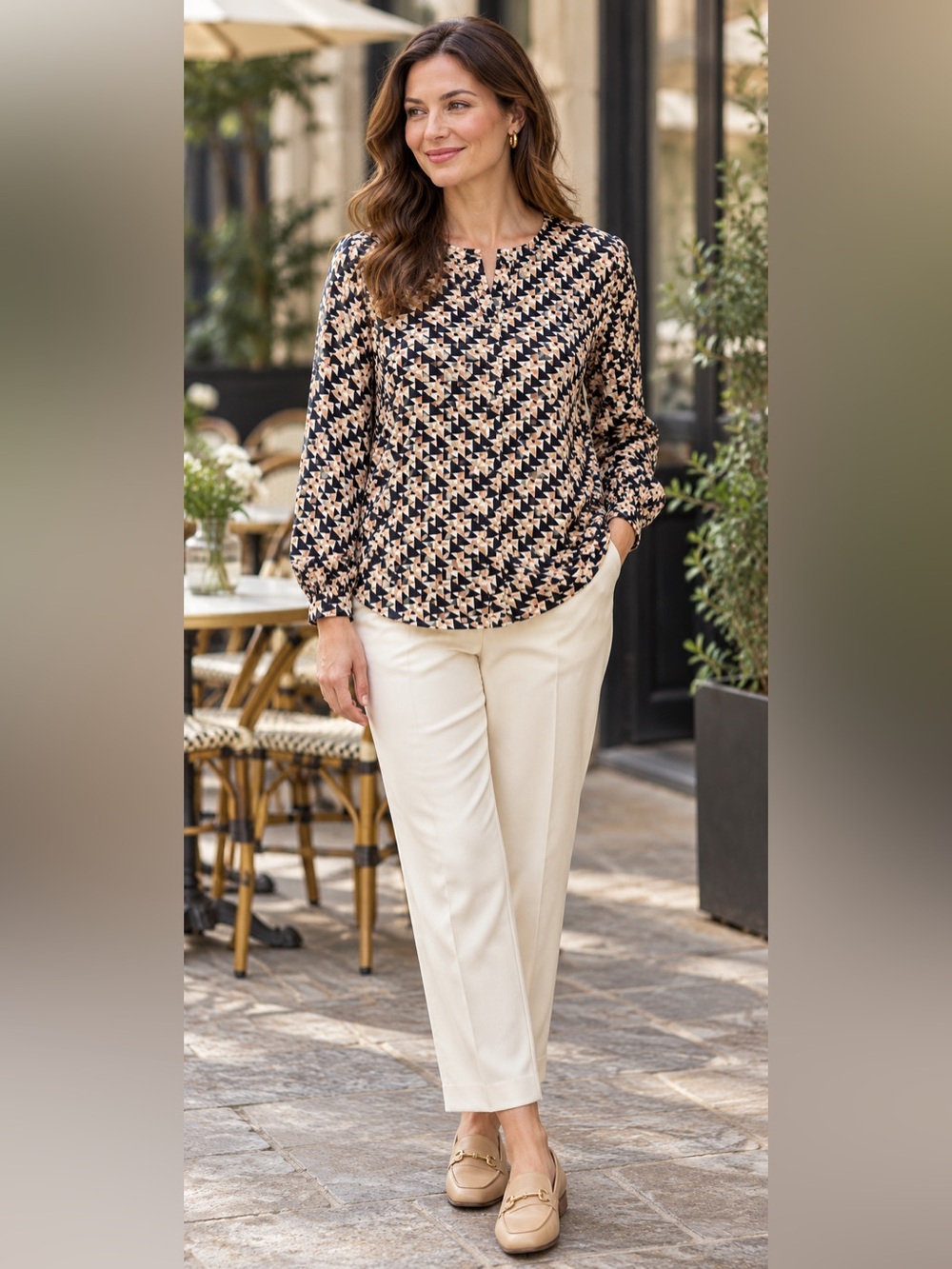 Talbots Printed Popover Blouse Long Sleeve Small